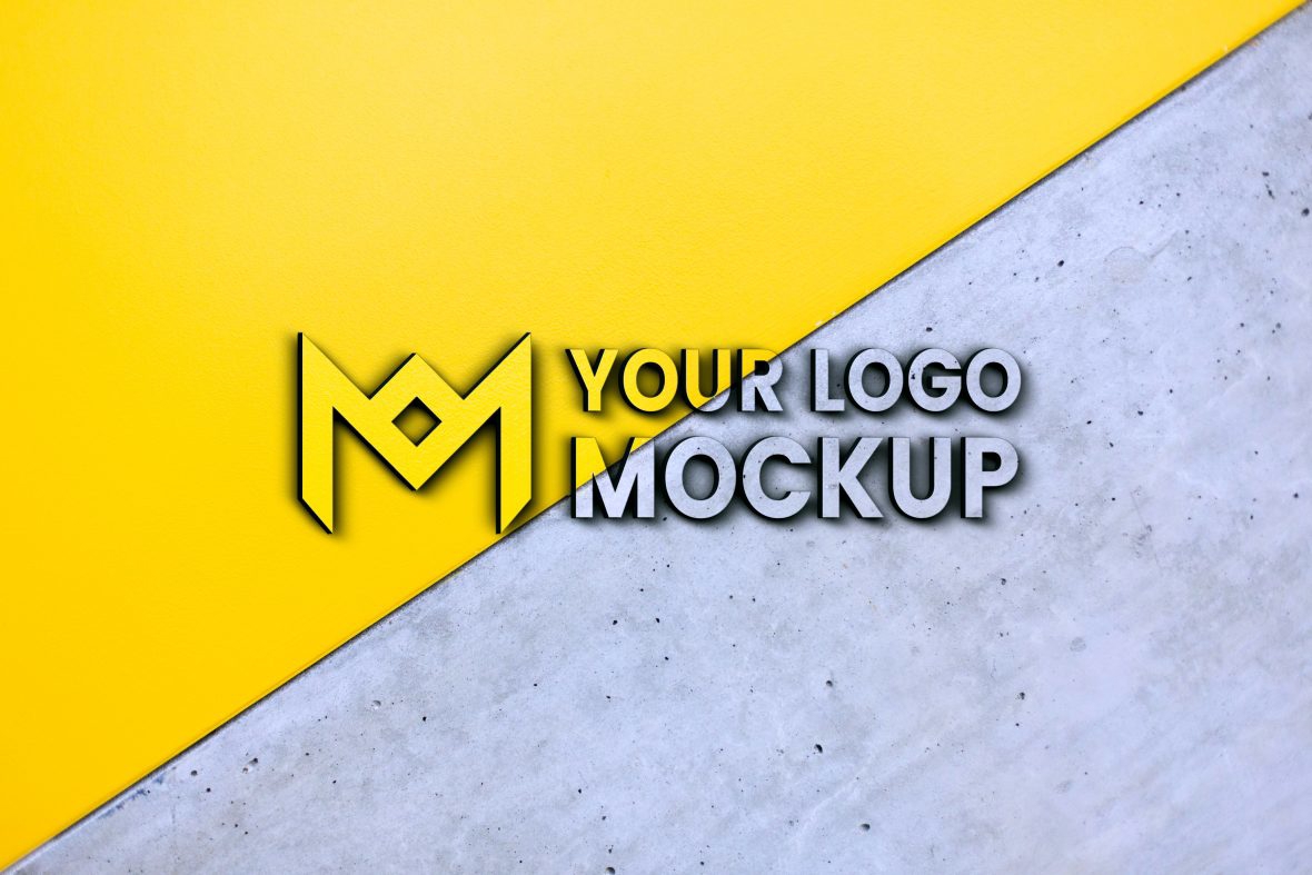فایل موکاپ لوگو با دیوار زرد و خاکستری - Logo Mockup With Yellow and Gray Wall