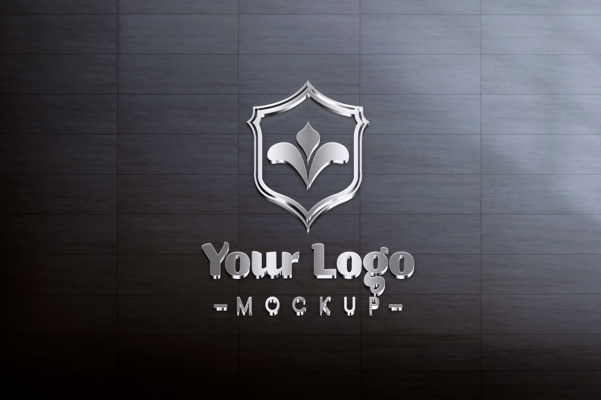 فایل موکاپ لوگوی فلزی روی دیوار کاشی - Metallic Logo Mockup on Tiles Wall