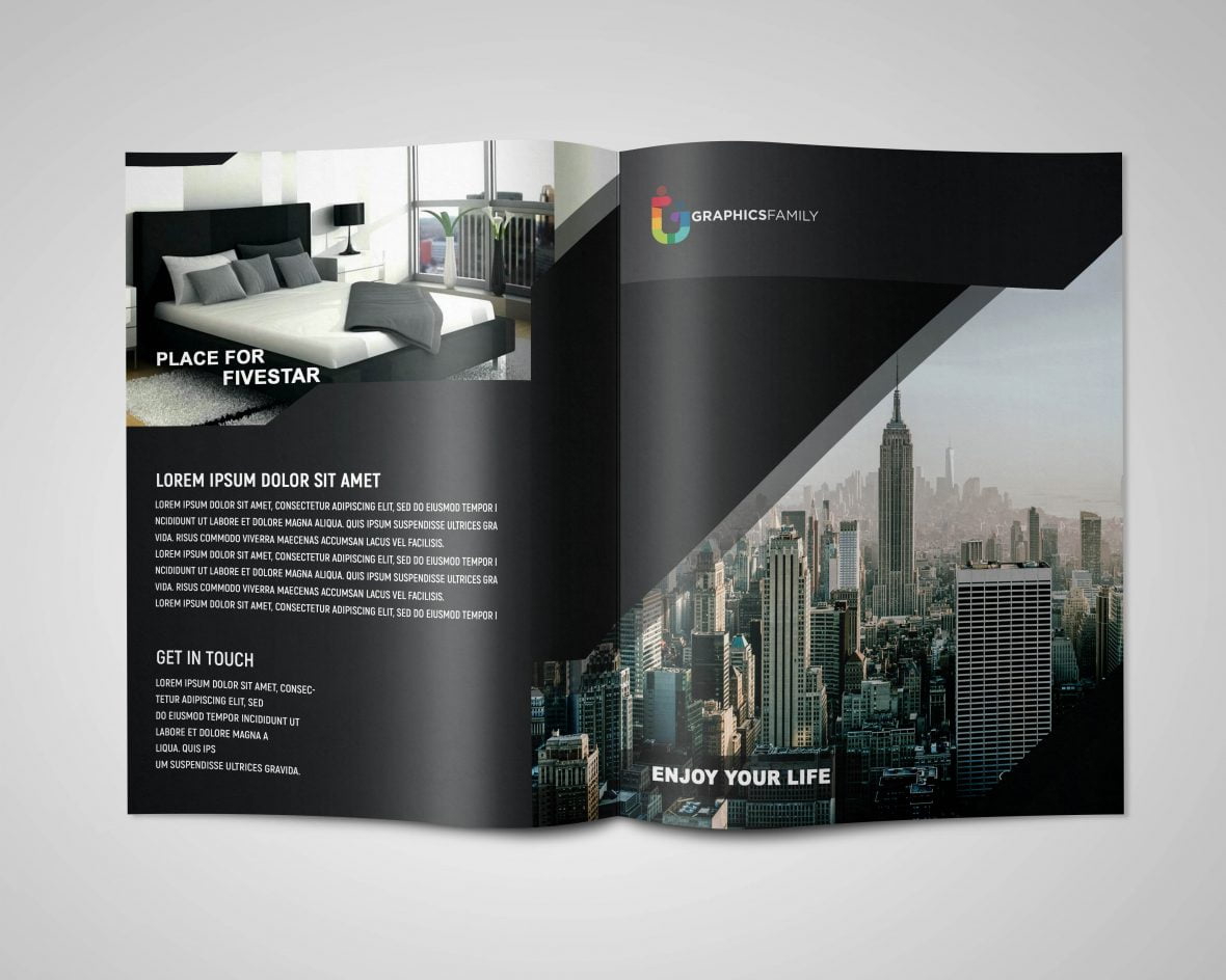 فایل قالب طراحی بروشور دو لت مدرن مشکی psd - Modern Black bi fold Brochure Design Template psd