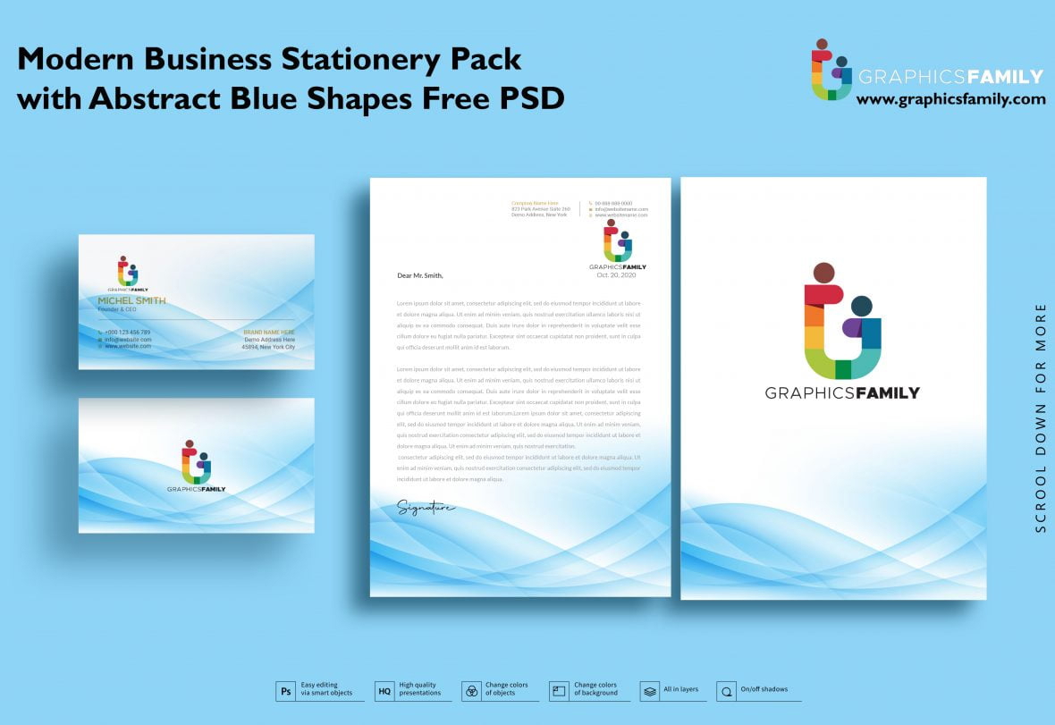 فایل بسته لوازم التحریر تجاری مدرن با اشکال آبی انتزاعی PSD - Modern Business Stationery Pack with Abstract Blue Shapes Psd