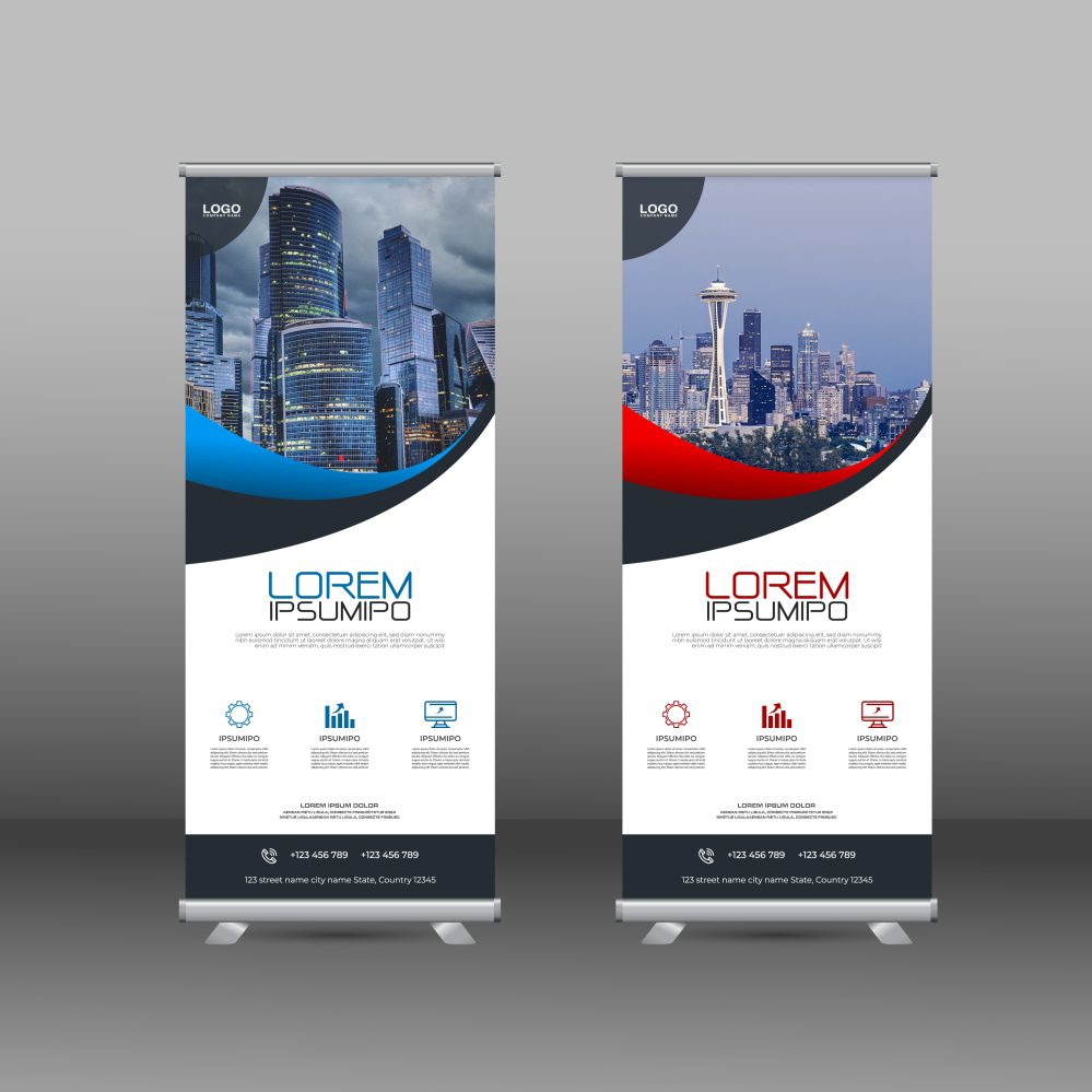 فایل بنر رول‌آپ مدرن شرکتی با رنگ‌های آبی و قرمز - Modern company rollup banner in blue and red color