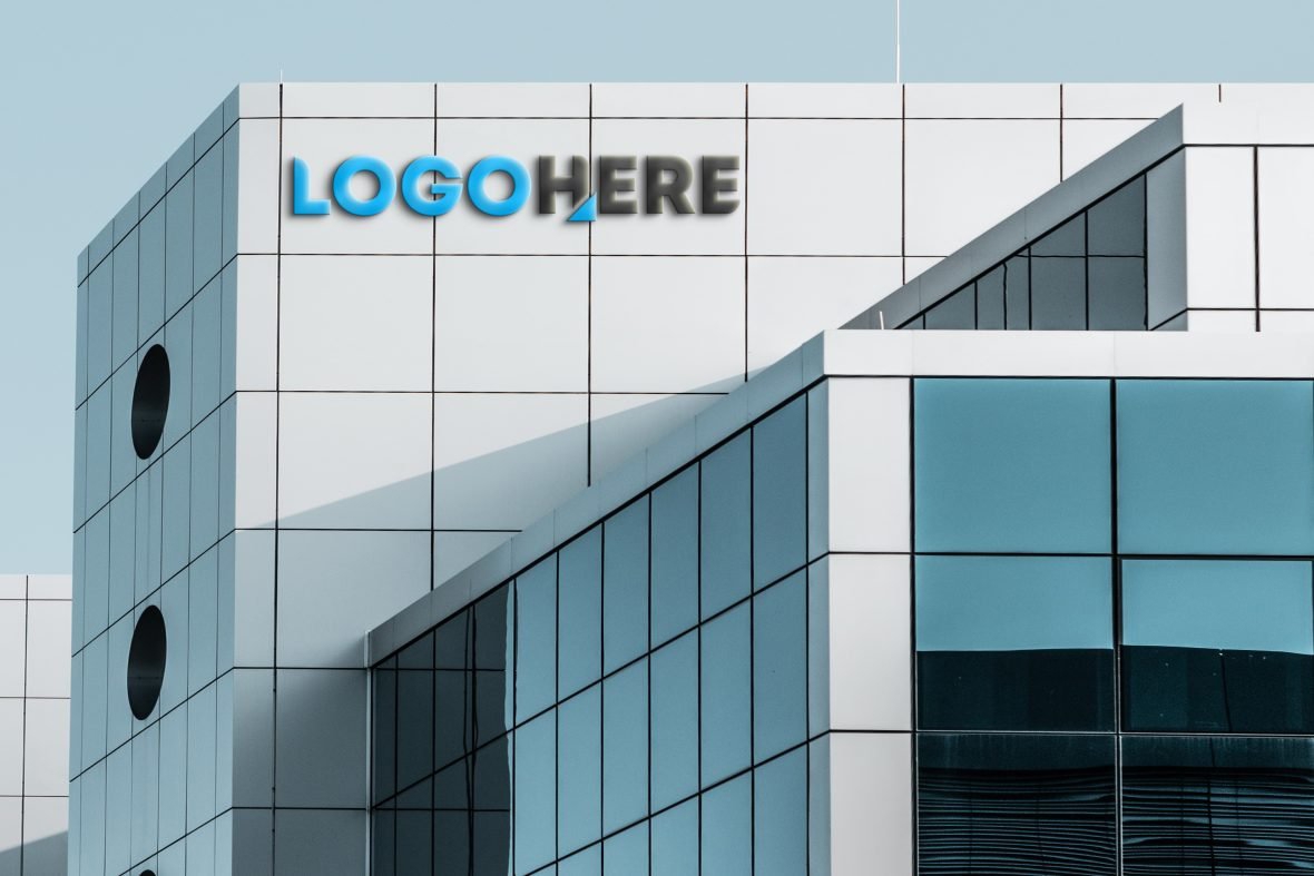 فایل موکاپ لوگو سه بعدی ساختمان اداری مدرن - Modern Office Building 3D Logo Mockup