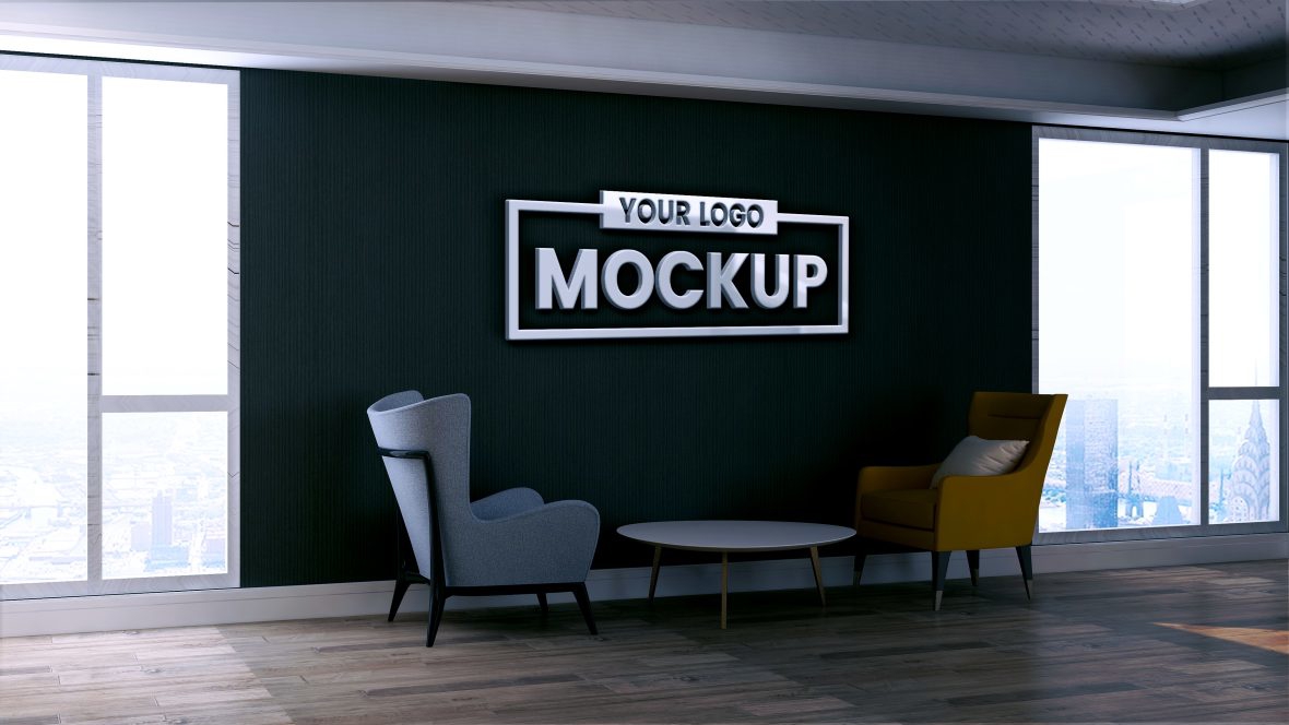 فایل طرح موکاپ لوگو ساختمان اداری با دیوار مشکی - Office Building With Black Wall Logo Mockup Design