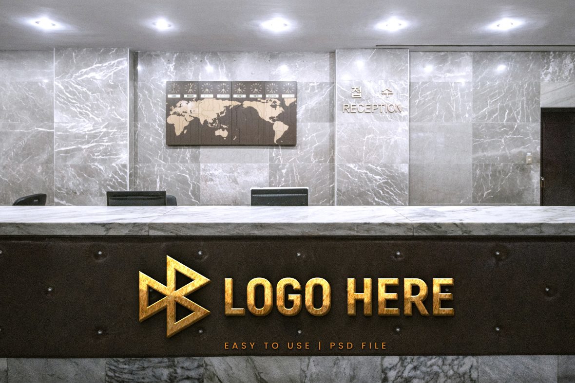 فایل موکاپ لوگو سه بعدی پذیرش دفتر - Office Reception 3D Logo Mockup