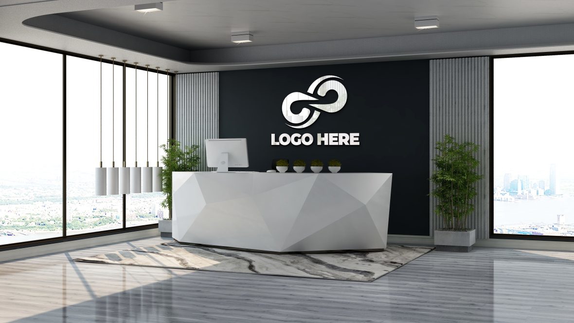 فایل موکاپ لوگو دیوار پذیرش دفتر - Office Reception Wall Logo Mockup