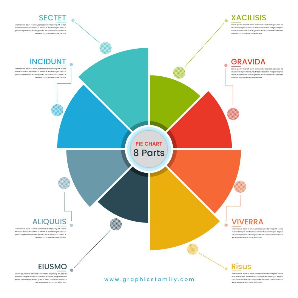 فایل مفهوم نمودار دایره‌ای با تصویر برداری از الگوی 8 قسمتی - Pie chart concept with 8 parts template vector image