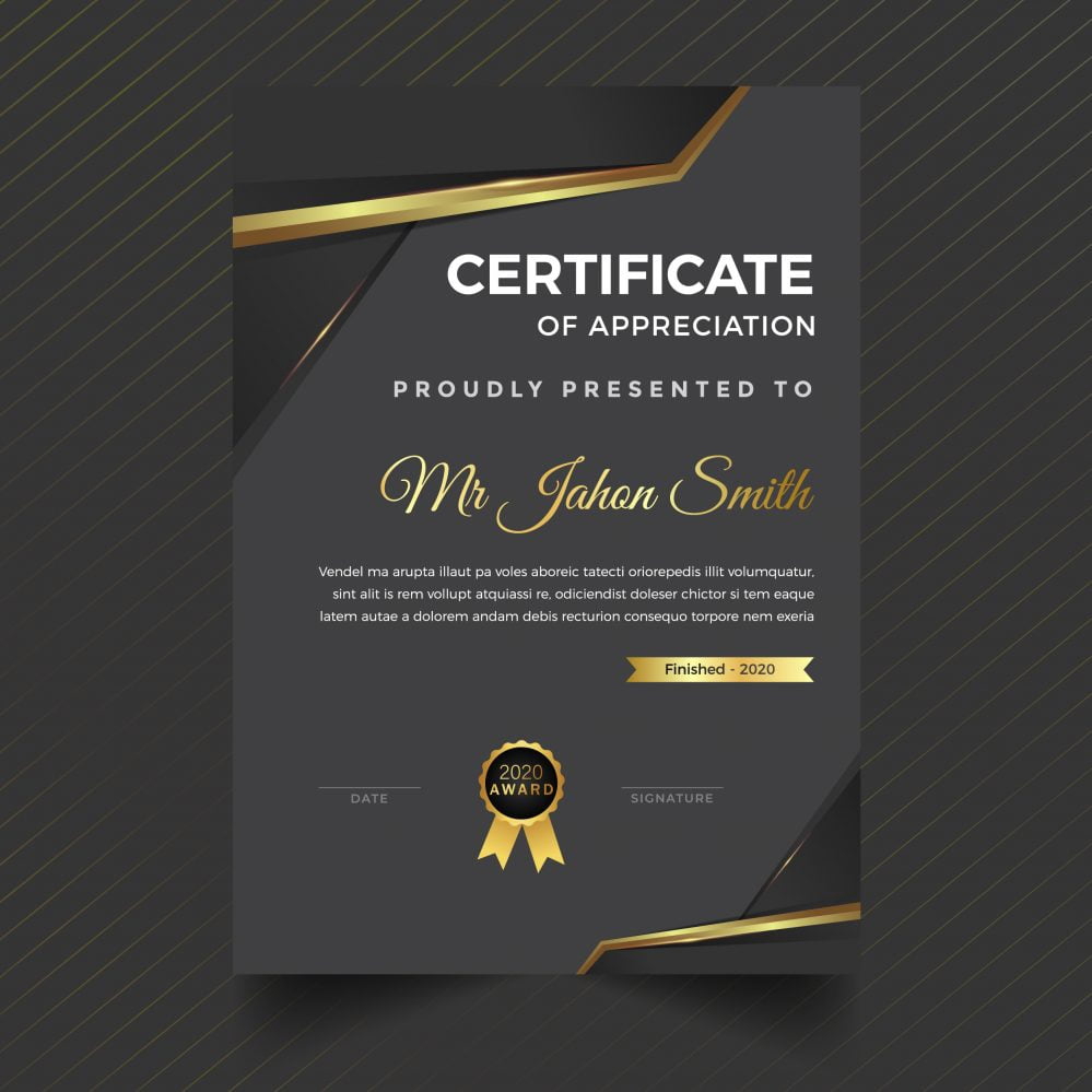 فایل طراحی الگوی گواهی عمودی مشکی طلایی ممتاز - Premium golden black vertical certificate template design