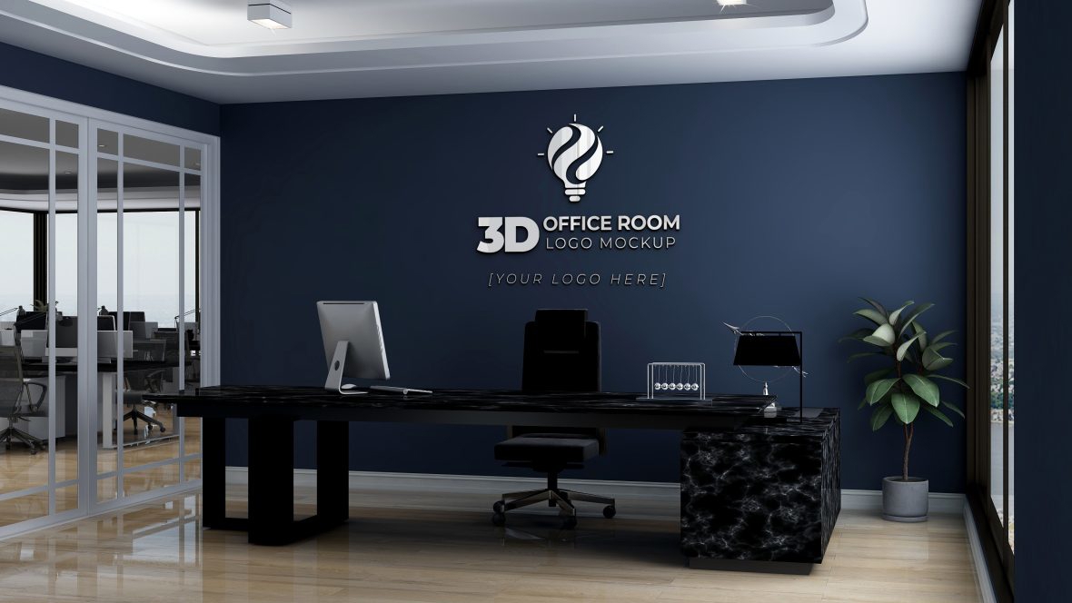 فایل موکاپ لوگوی اداری مینیمالیستی سه بعدی حرفه ای روی دیوار اتاق - Professional 3D Minimalist Office Logo Mockup on Room Wall