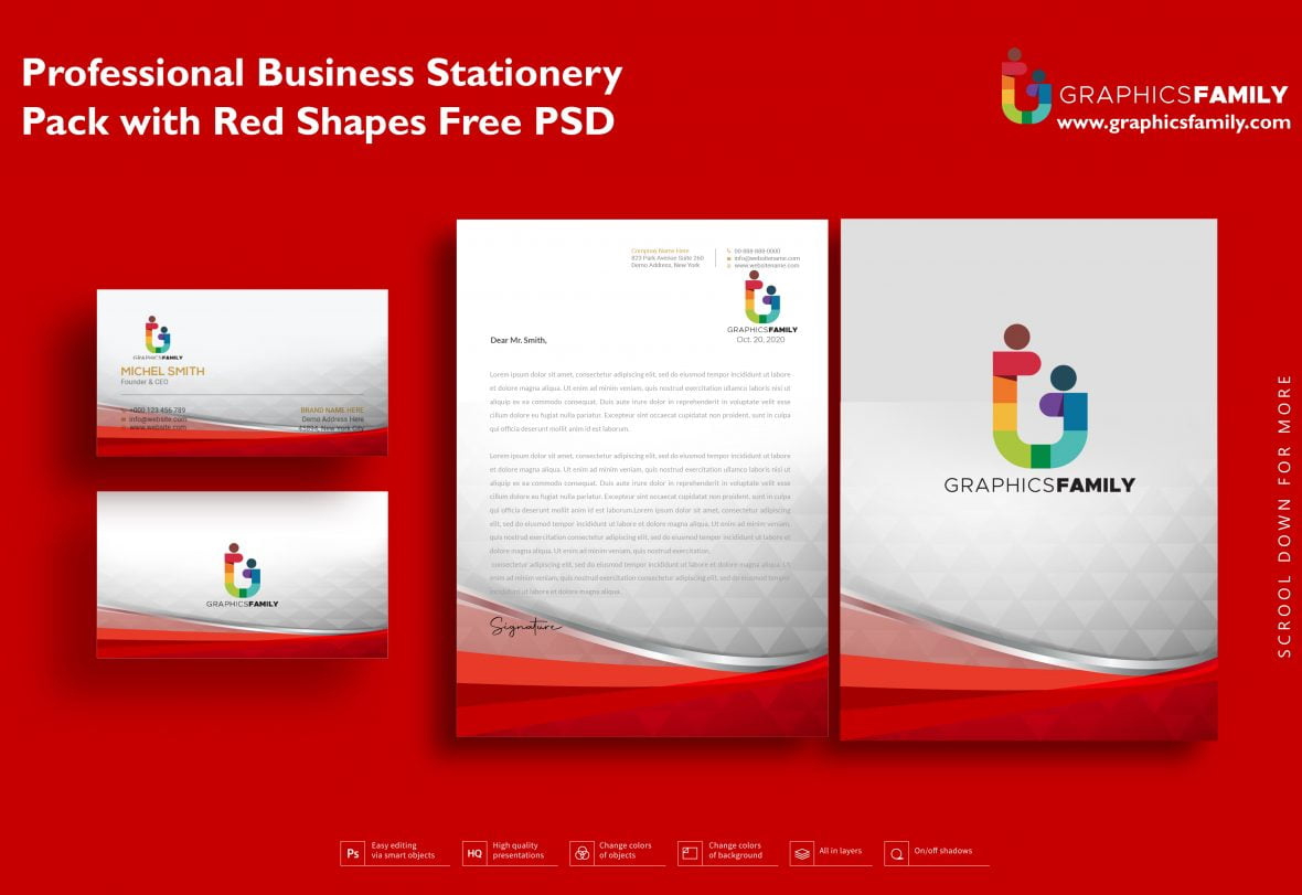 فایل دانلود بسته لوازم التحریر تجاری حرفه ای با اشکال قرمز (PSD) - Professional Business Stationery Pack with Red Shapes Psd Download