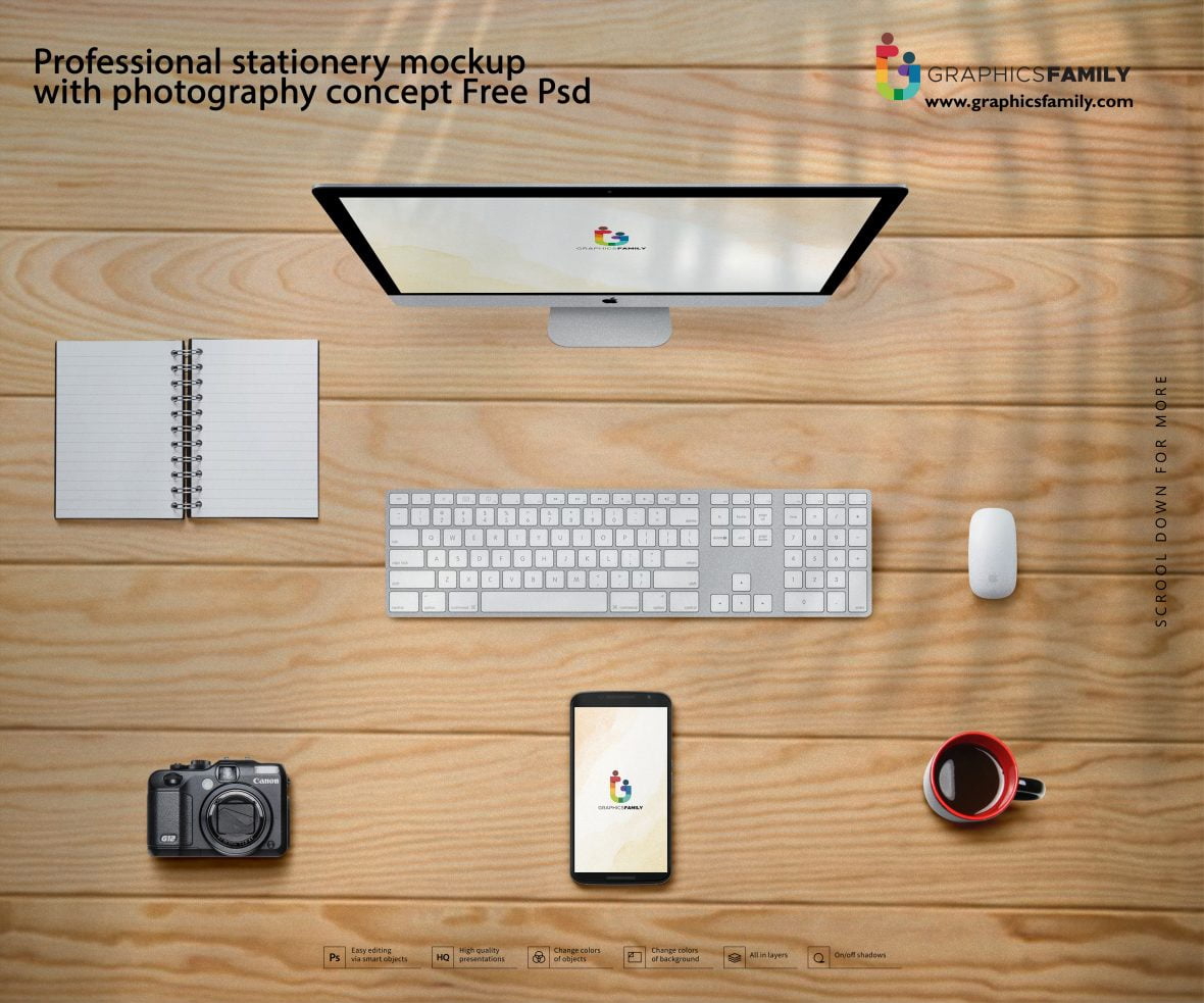 فایل ماکت لوازم التحریر حرفه ای با مفهوم عکاسی psd - Professional stationery mockup with photography concept psd