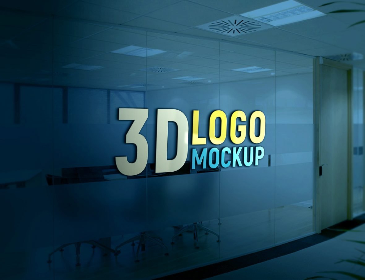 فایل موکاپ لوگو PSD روی دیوار شیشه‌ای دفتر کار - PSD Logo Mock-up on Office Glass Wall