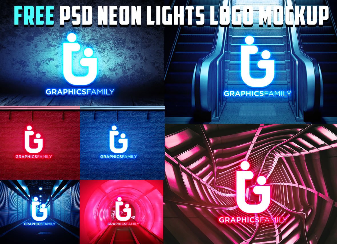 فایل موکاپ لوگو چراغ‌های نئونی PSD - PSD Neon Lights Logo MockUp