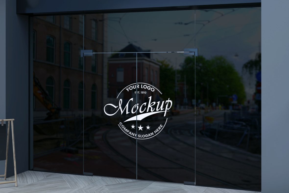 فایل موکاپ طراحی لوگوی سه بعدی واقع‌گرایانه روی دیوار شیشه‌ای - Realistic 3D Logo Design on Glass Wall Mockup