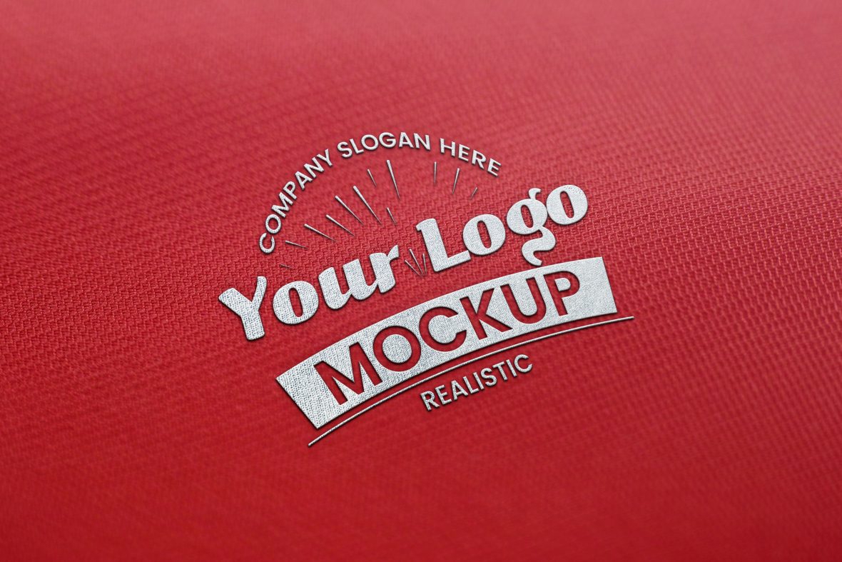 فایل موکاپ لوگو واقع‌گرایانه روی بافت پارچه قرمز - Realistic Logo Mockup on Red Fabric Texture