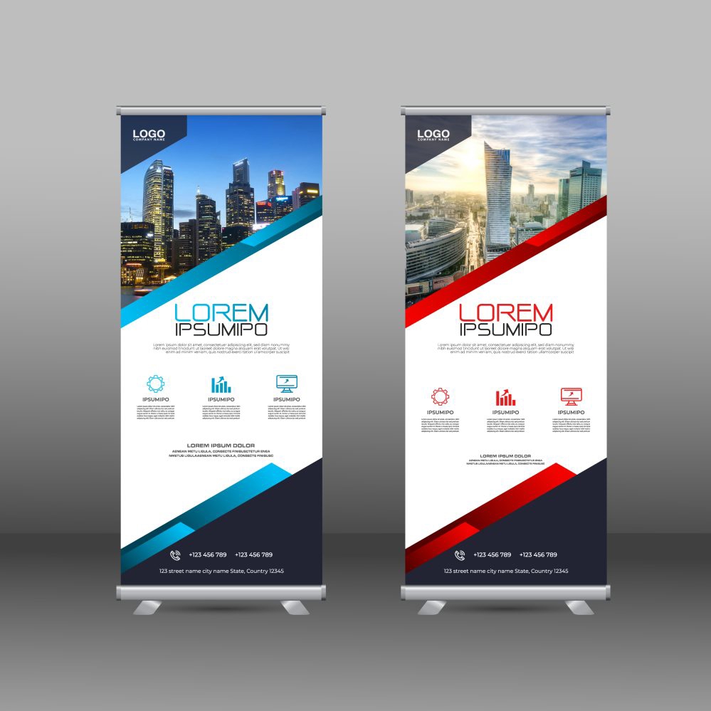 فایل بنرهای عمودی تجاری زیبا قرمز و آبی - Red and Blue Elegant Business Vertical Banners