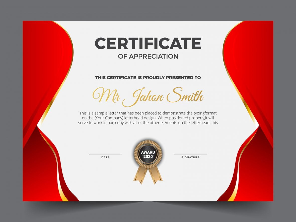 فایل گواهی نامه ظریف قرمز و سفید با پس زمینه الگوی موفقیت - Red and white elegant certificate of achievement template background
