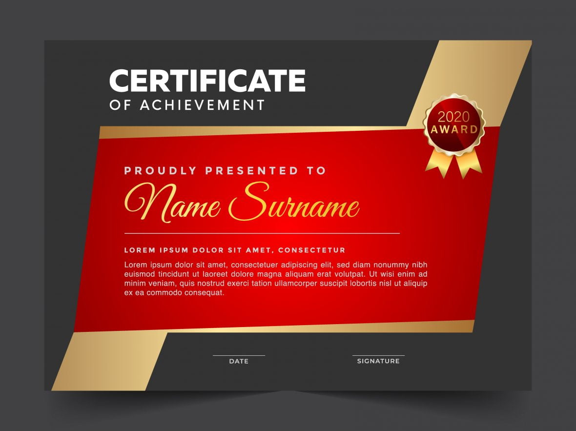 فایل الگوی گواهی طلای قرمز برای جایزه دیپلم چند منظوره یا فارغ التحصیلی - Red Gold Certificate Template For Multipurpose Diploma Award Or Graduation