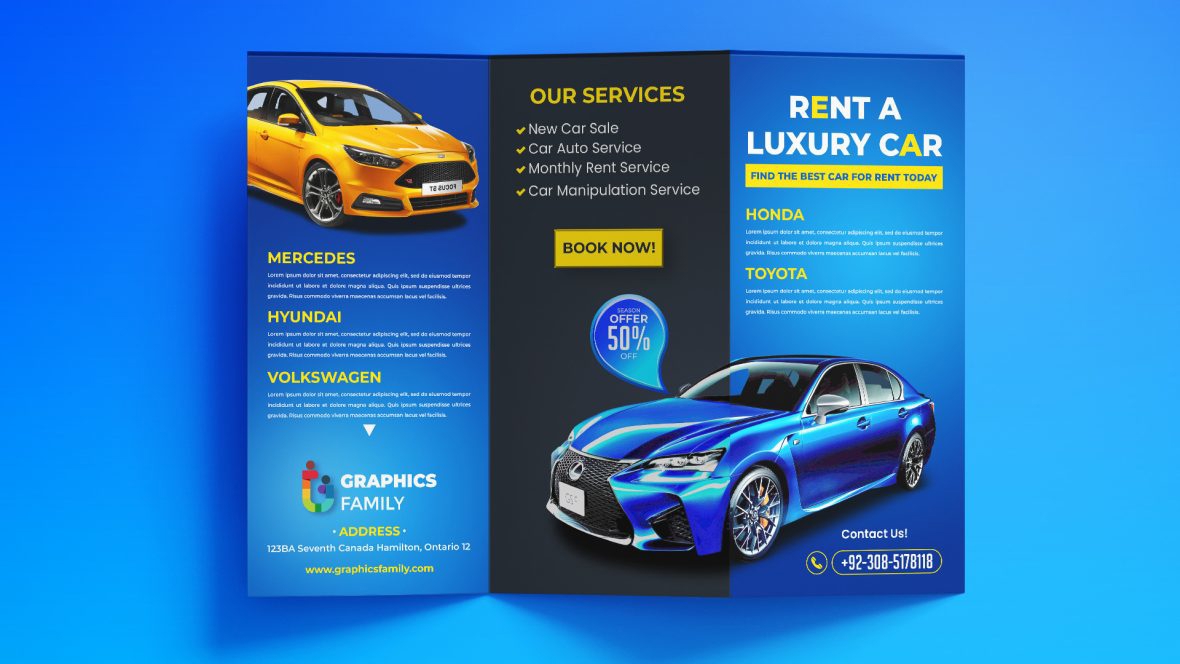 فایل اجاره خودرو با طرح سه‌گانه - Rent A Car TriFold Design