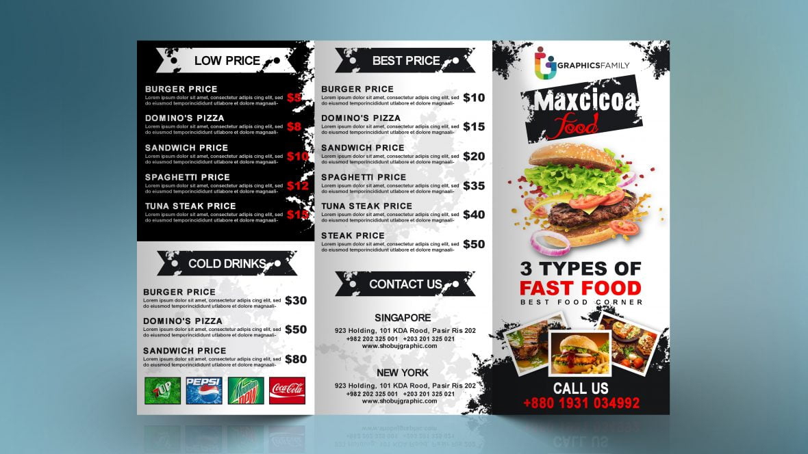 فایل بروشور سه لت منوی رستوران و فست فود - Restaurant Food Menu Trifold brochure Design Template