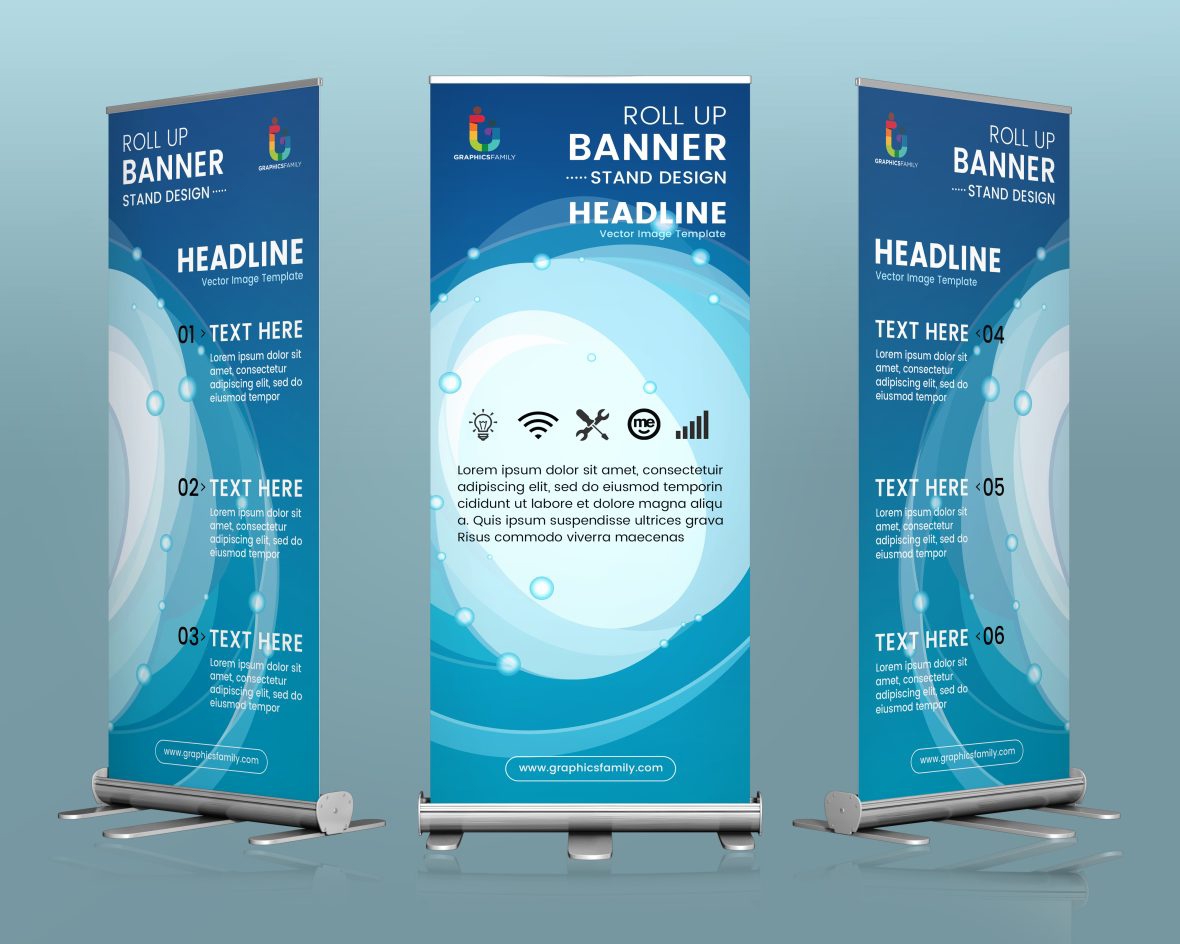 فایل تصویر وکتور طرح استند رول آپ - Roll up banner stand design vector image