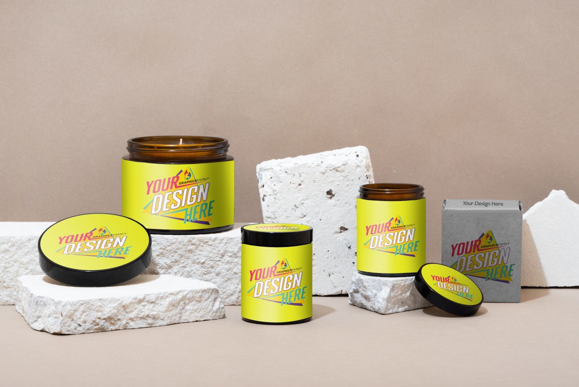 فایل موکاپ طرح بسته‌بندی مجموعه شیشه با جعبه - Set Of Jar With Box Packaging Design Mockup