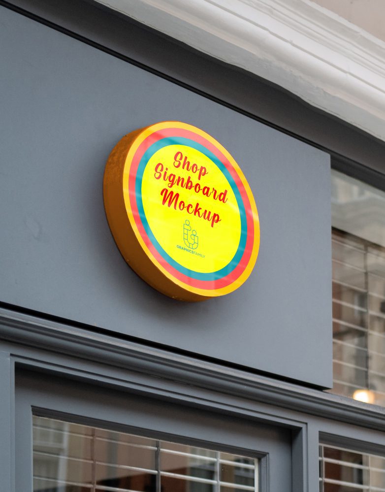 فایل موکاپ تابلو دایره‌ای فروشگاه - Shop Circular Signboard Mockup