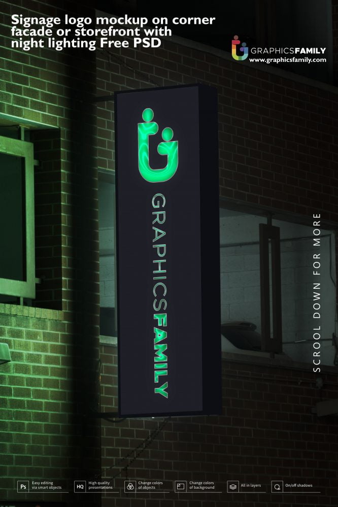 فایل موکاپ لوگو تابلو روی نمای گوشه یا ویترین مغازه با نورپردازی در شب PSD - Signage logo mockup on corner facade or storefront with night lighting PSD