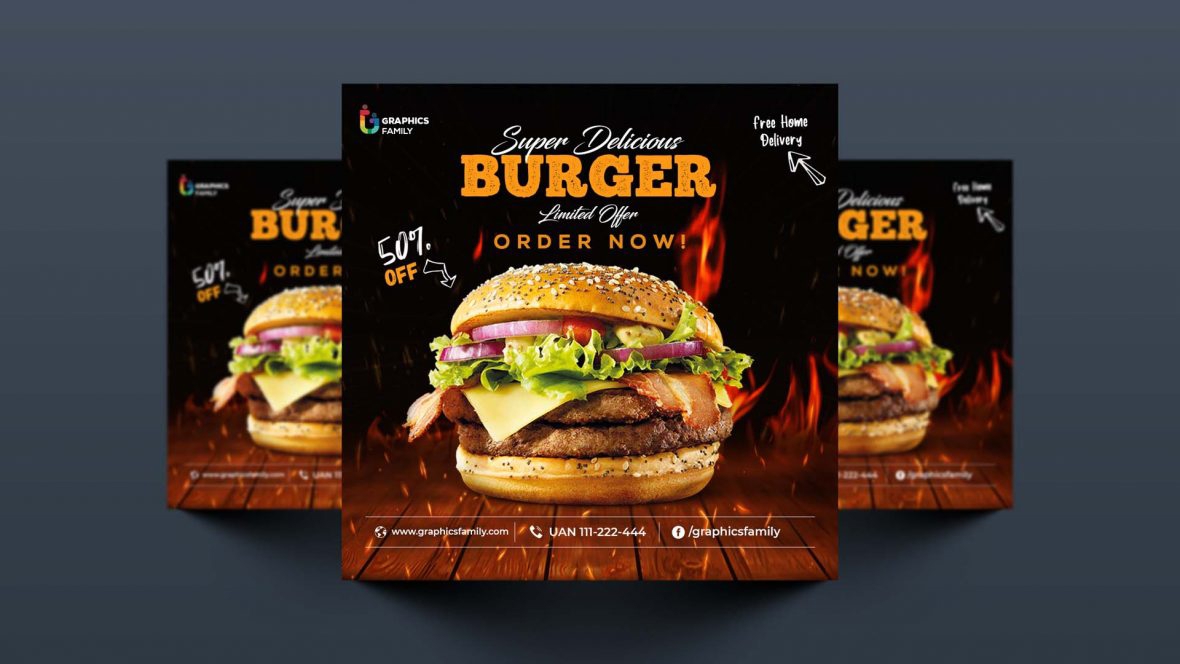 فایل طراحی پست تبلیغاتی شبکه‌های اجتماعی برای برگر - Social Media Advertising Post Design for Burger