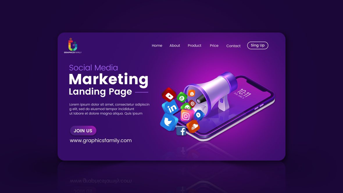 فایل مدل صفحه فرود بازاریابی رسانه‌های اجتماعی - Social media marketing landing page mockup