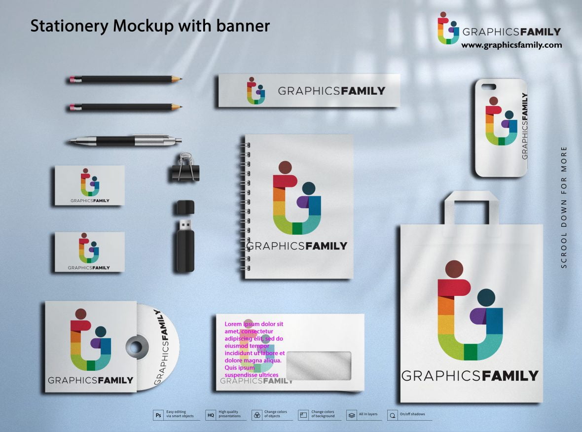 فایل موکاپ لوازم التحریر با بنر - Stationery Mockup with Banner