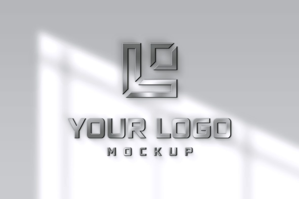 فایل موکاپ لوگوی سه بعدی با بافت فولادی روی دیوار مدرن - Steel texture 3d logo mockup on modern wall