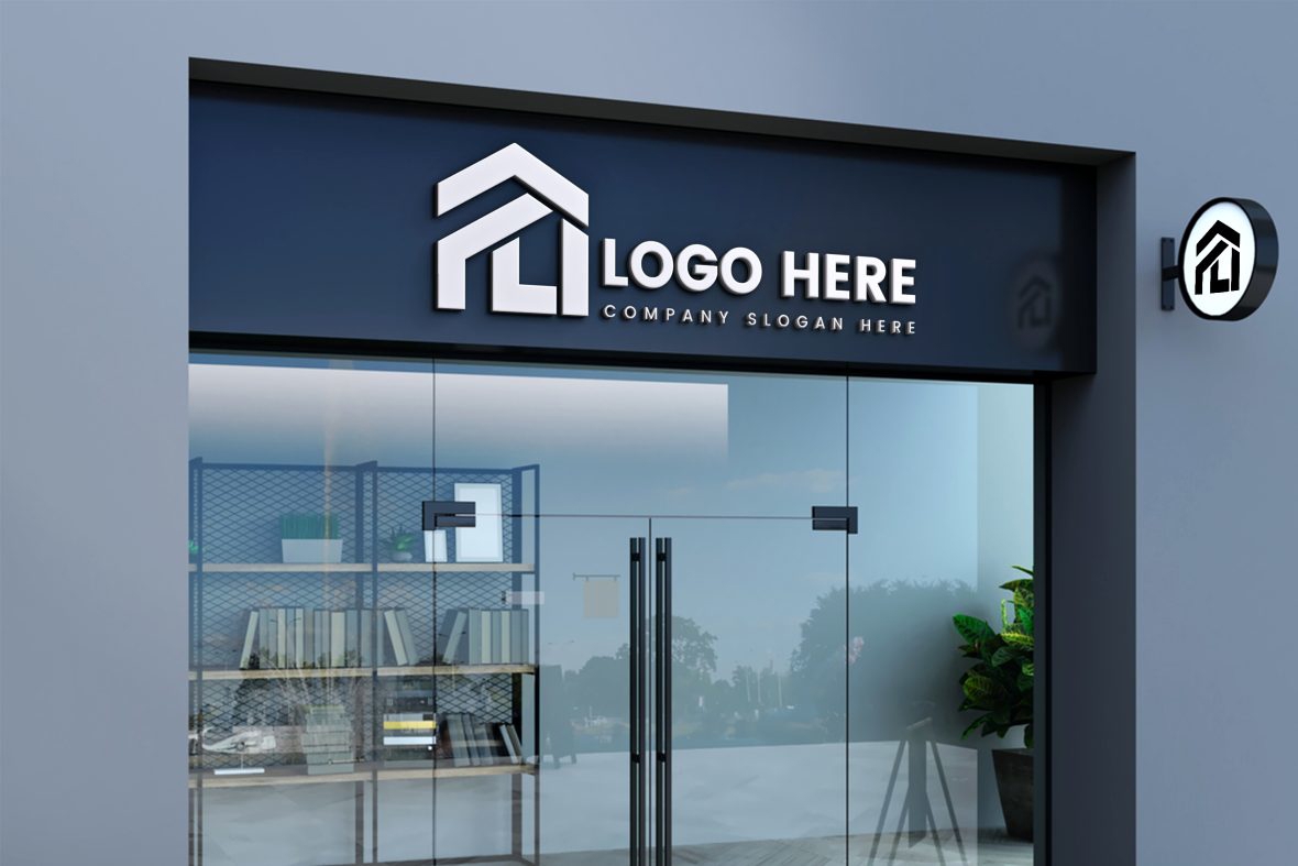 فایل موکاپ لوگو سه بعدی ویترین فروشگاه و تابلوی فضای باز - Storefront and Outdoor Sign 3D Logo Mockup