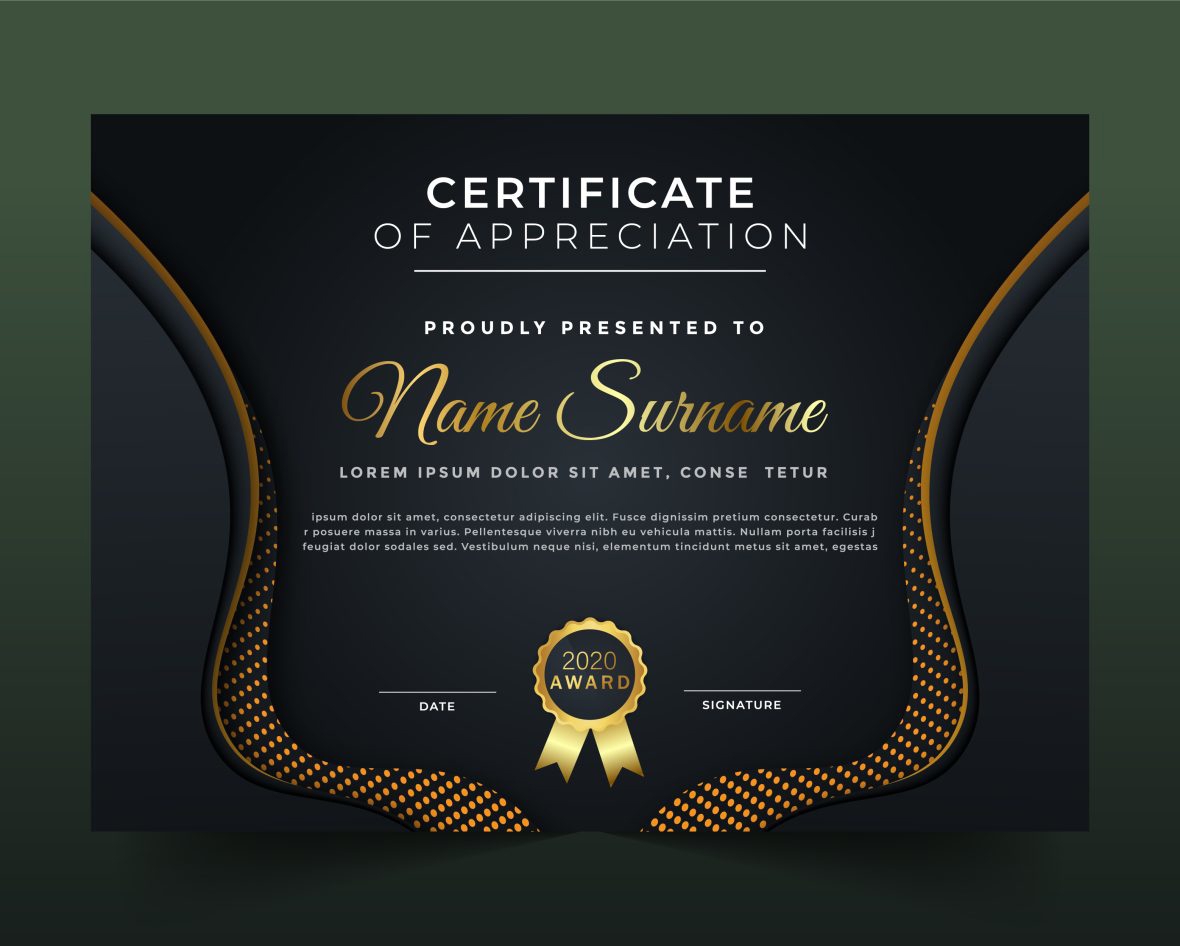فایل الگوی گواهی شیک تیره با طراحی خطوط طلایی - Stylish Dark Certificate Template with Golden Lines Design