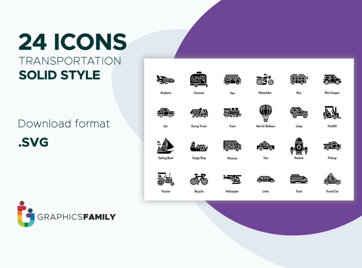 فایل مجموعه آیکون‌های حمل و نقل به سبک ثابت - Transportation Icon Set Solid Style