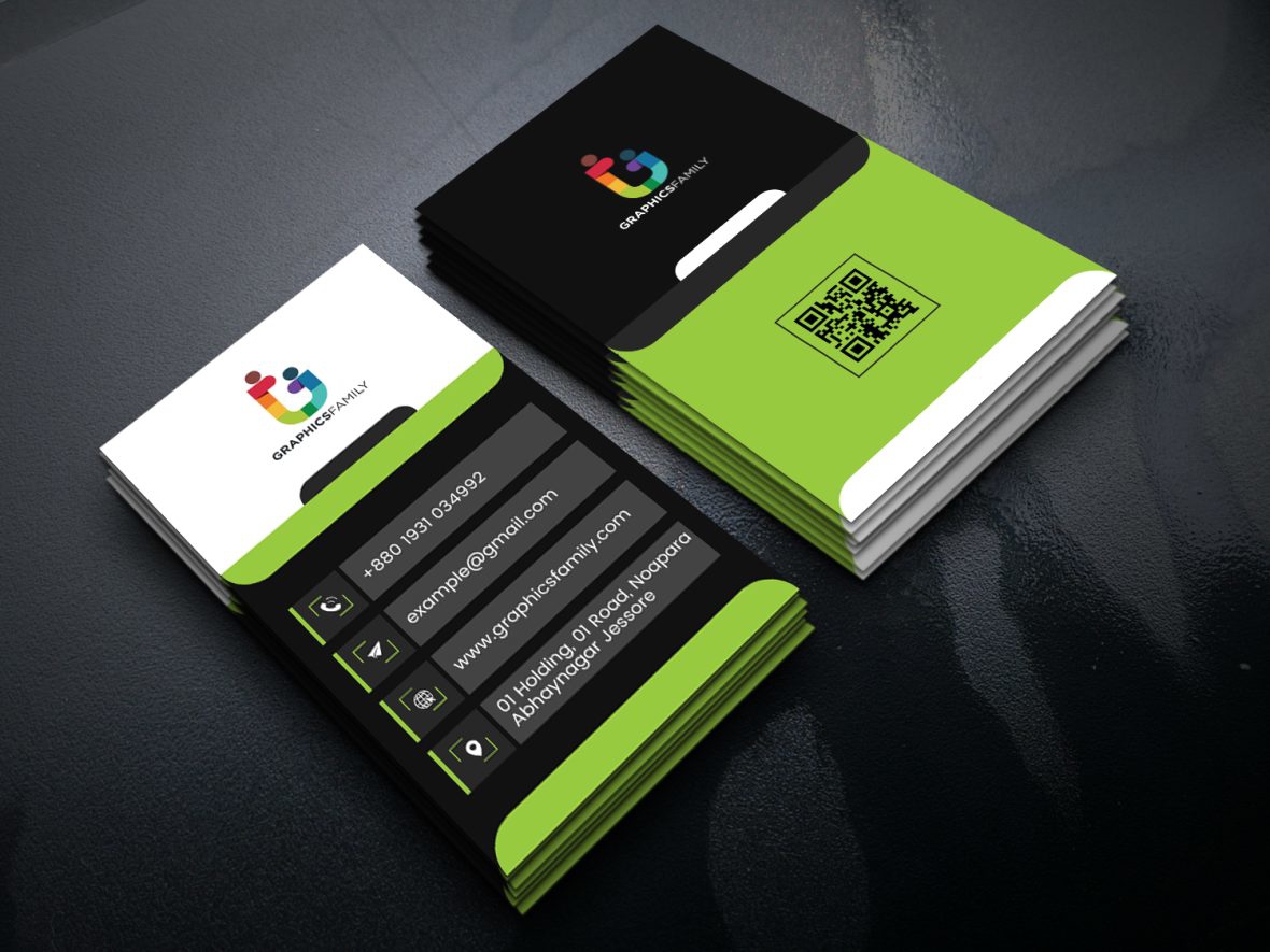 فایل طراحی کارت ویزیت عمودی با رنگ‌های سبز، سیاه و سفید - Vertical Visiting Card Design with Green, Black and White
