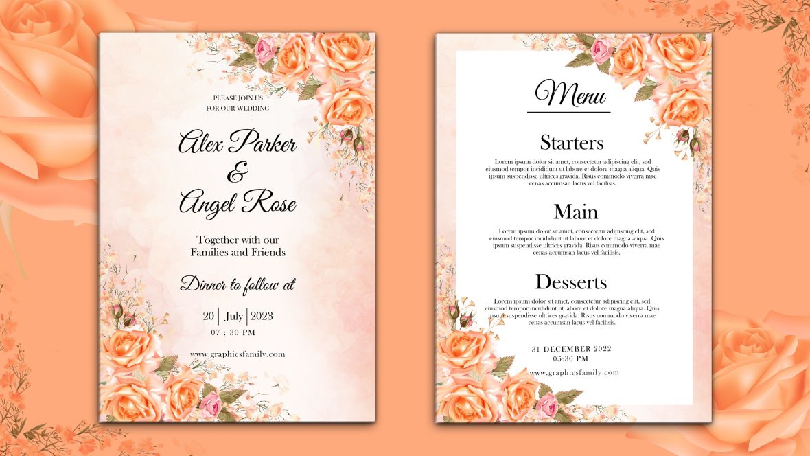 فایل کارت دعوت عروسی آبرنگی با طرح منو - Watercolor Wedding Invitations With Menu Card Design