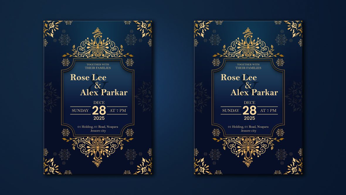 Wedding Invitation Card  With Gold Floral Background Template PSD - Wedding Invitation Card  With Gold Floral Background Template PSD