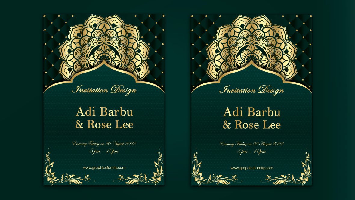 فایل طرح کارت دعوت عروسی با رنگ‌های سبز و طلایی - Wedding Invitation Card Design with Green and Gold Colors