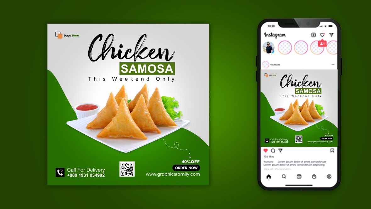 فایل طراحی پست شبکه‌های اجتماعی رستوران با تم غذای سفید و سبز - White and Green Restaurant Food Social Media Post Design