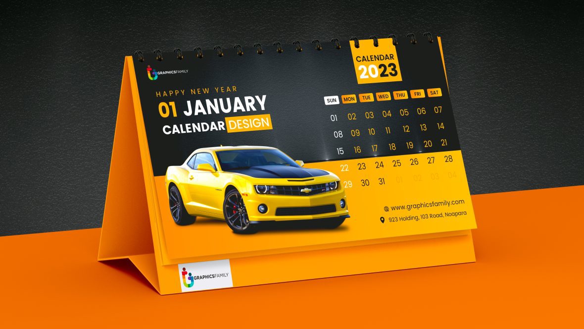 فایل طراحی تقویم رومیزی زرد و مشکی - Yellow and Black Desk Calendar Design